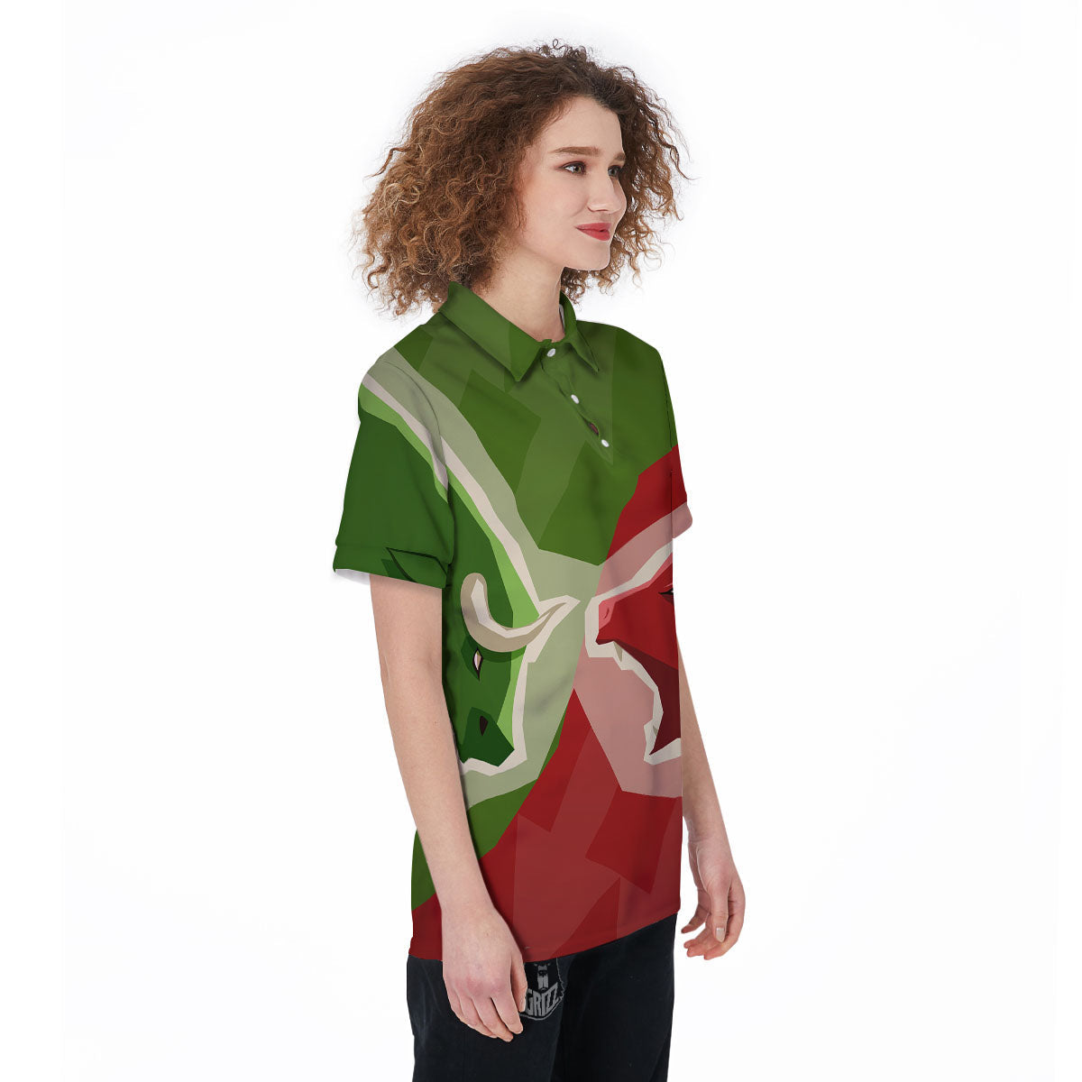 Red Bear And Green Bull Stock Print Women's Golf Shirts-grizzshop
