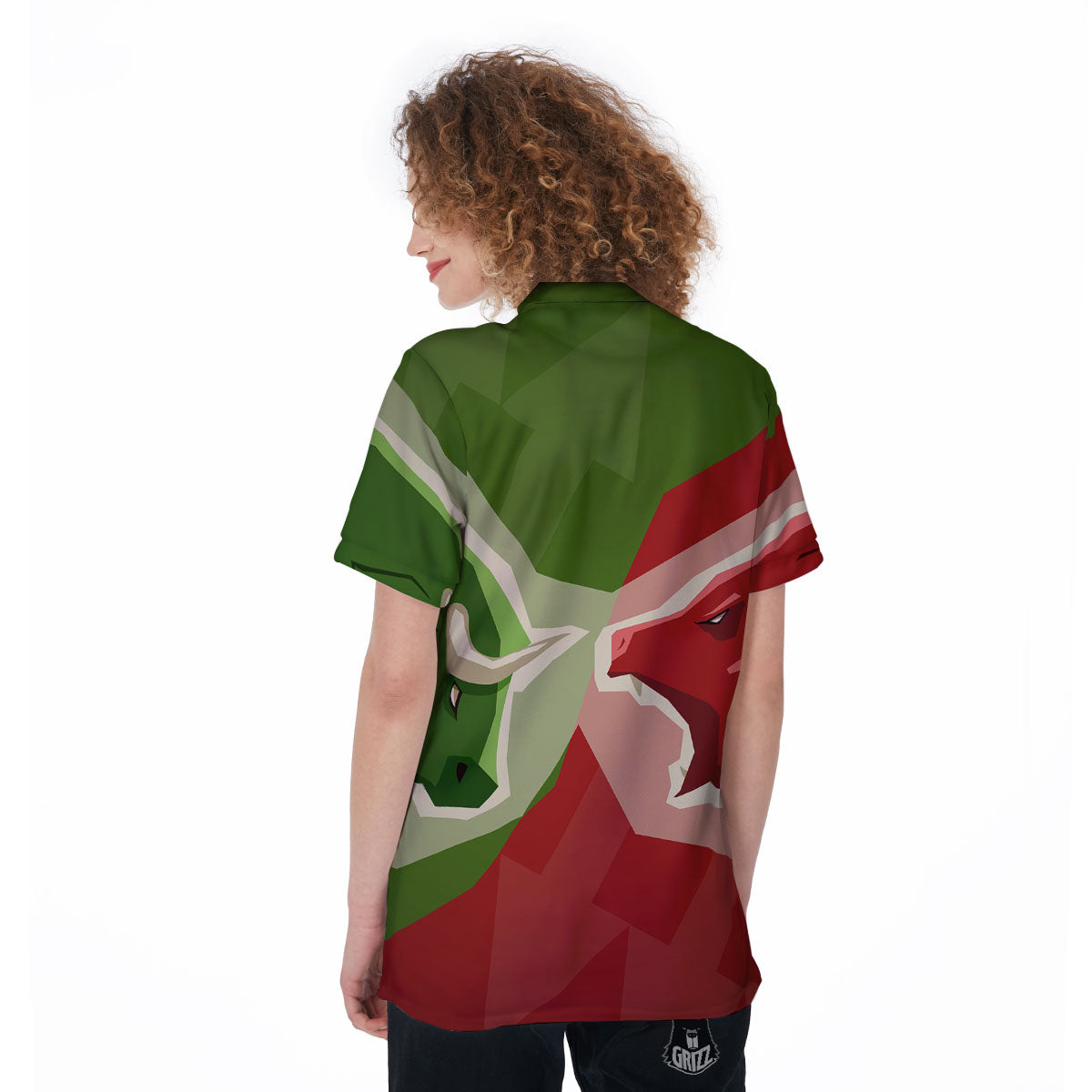 Red Bear And Green Bull Stock Print Women's Golf Shirts-grizzshop