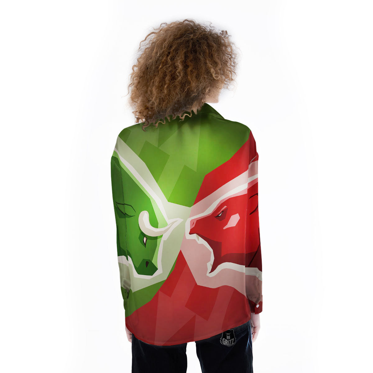 Red Bear And Green Bull Stock Print Women's Long Sleeve Shirts-grizzshop