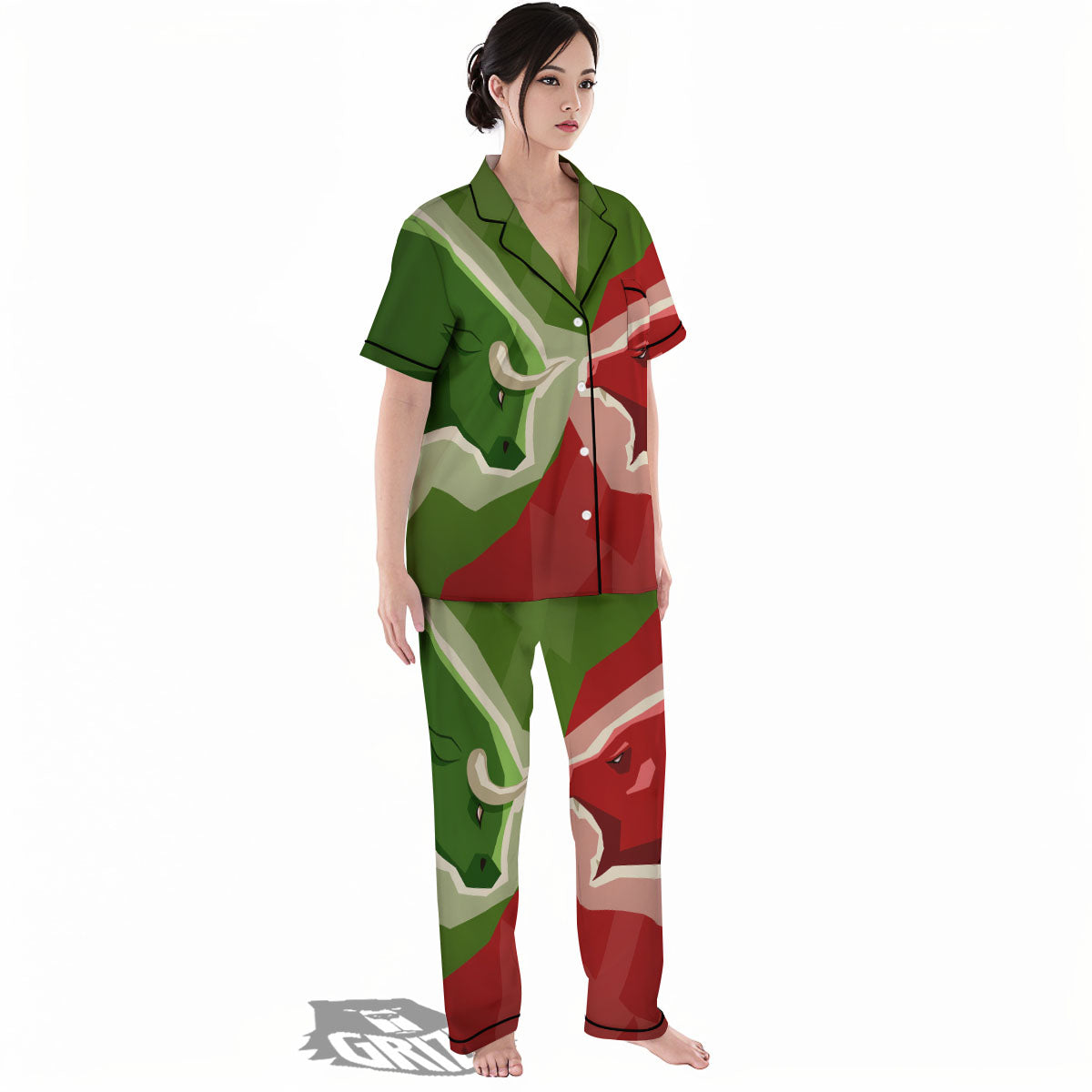 Red Bear And Green Bull Stock Print Women's Pajamas Set-grizzshop