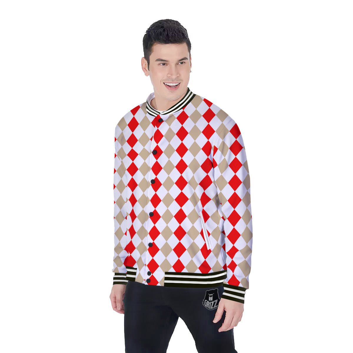 Red Beige And White Argyle Print Pattern Baseball Jacket-grizzshop