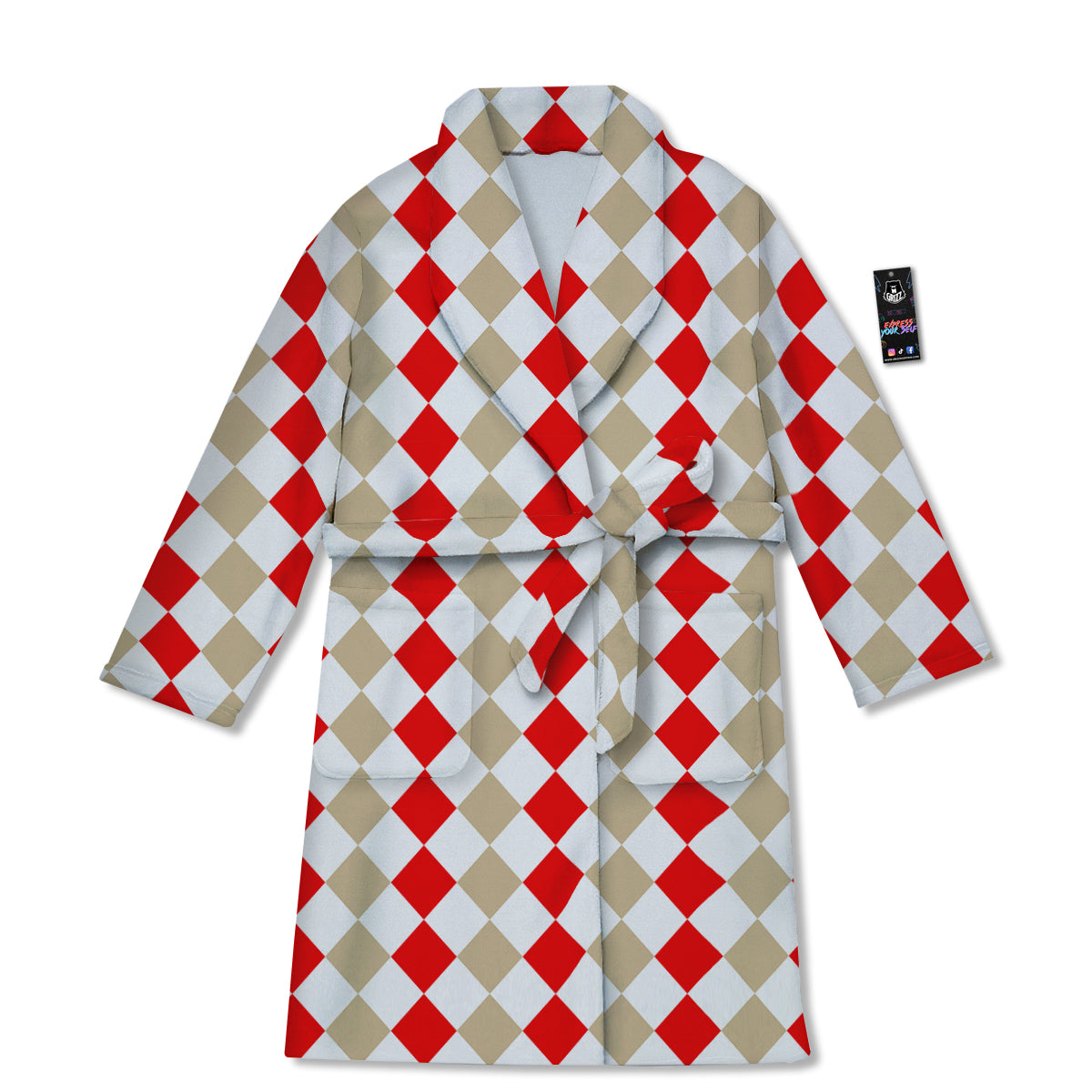 Red Beige And White Argyle Print Pattern Bathrobe-grizzshop