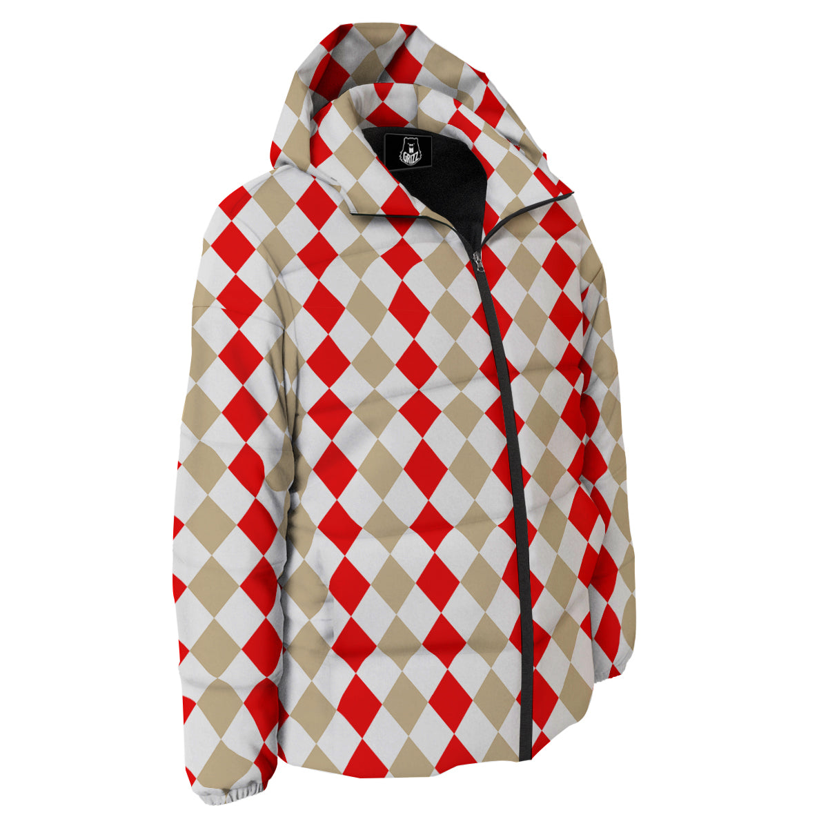Red Beige And White Argyle Print Pattern Down Jacket-grizzshop