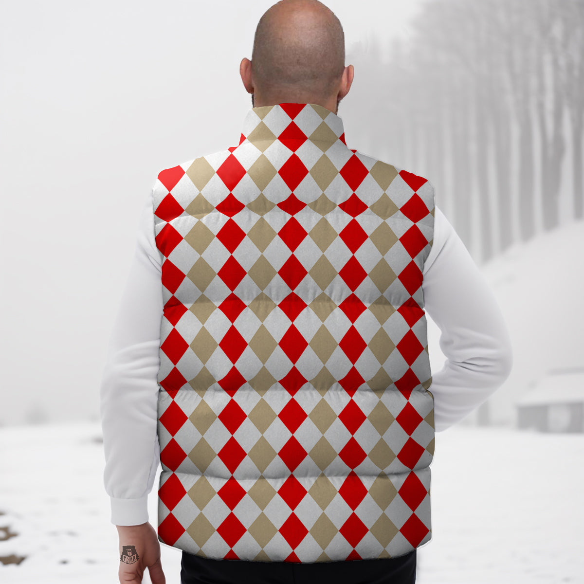 Red Beige And White Argyle Print Pattern Down Vest-grizzshop