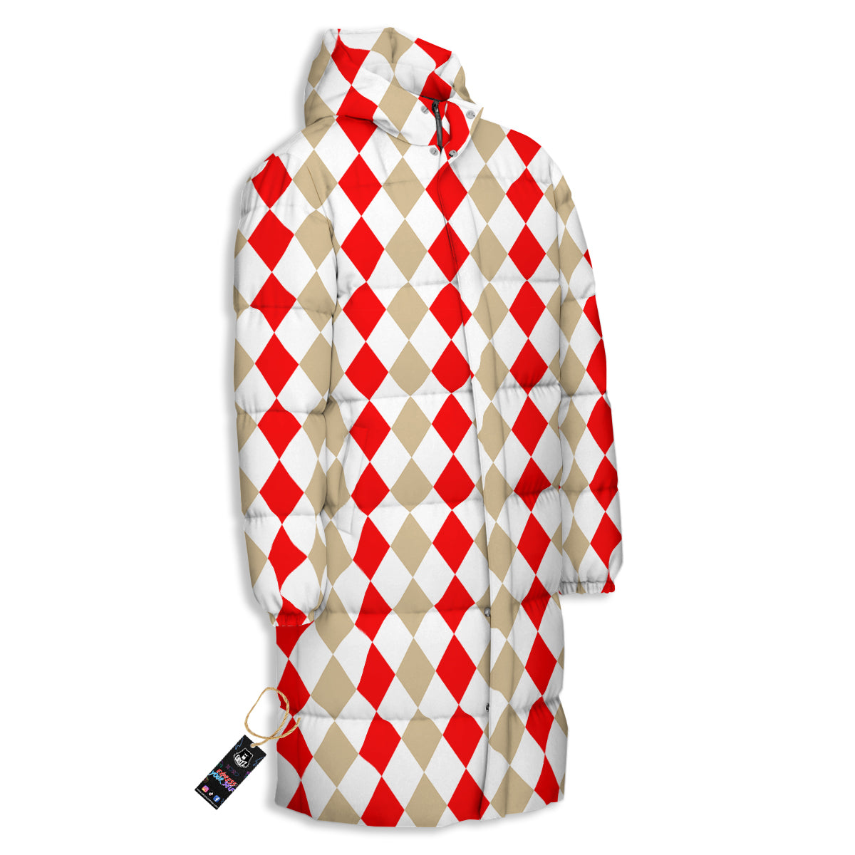 Red Beige And White Argyle Print Pattern Long Down Jacket-grizzshop