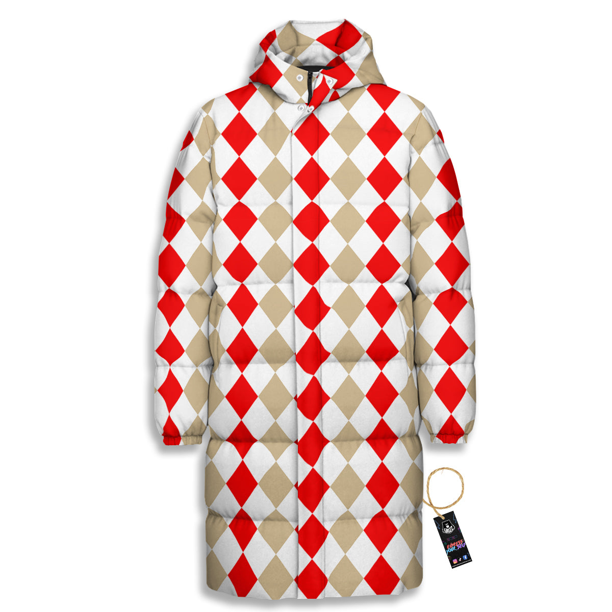 Red Beige And White Argyle Print Pattern Long Down Jacket-grizzshop