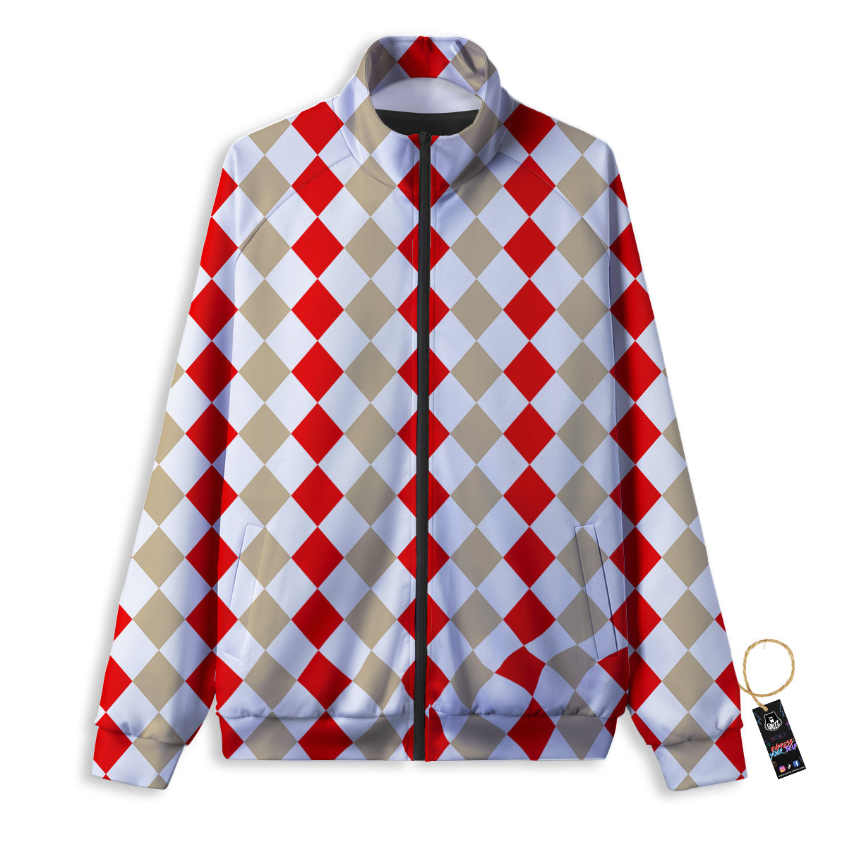 Red Beige And White Argyle Print Pattern Track Jacket-grizzshop