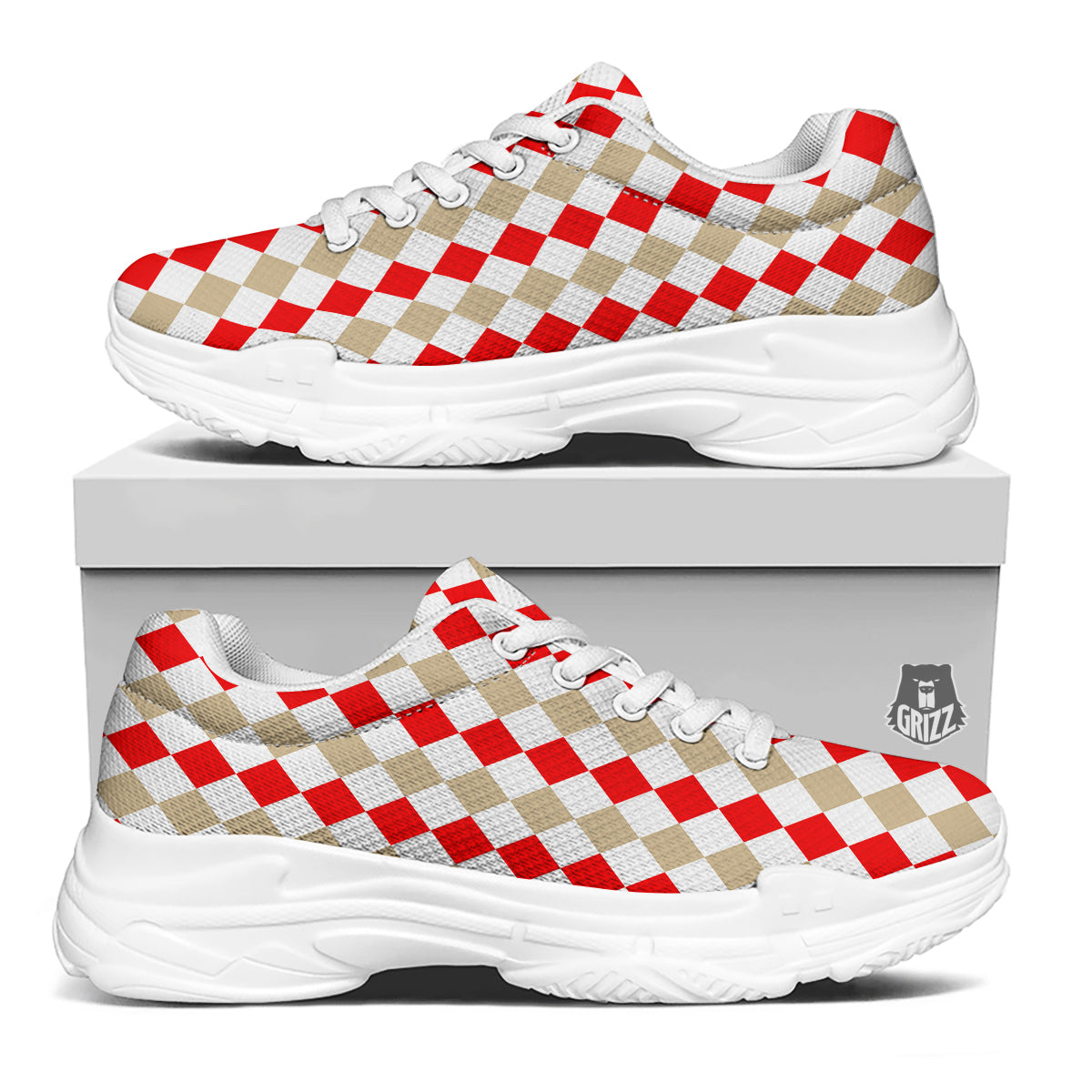 Red Beige And White Argyle Print Pattern White Chunky Shoes-grizzshop