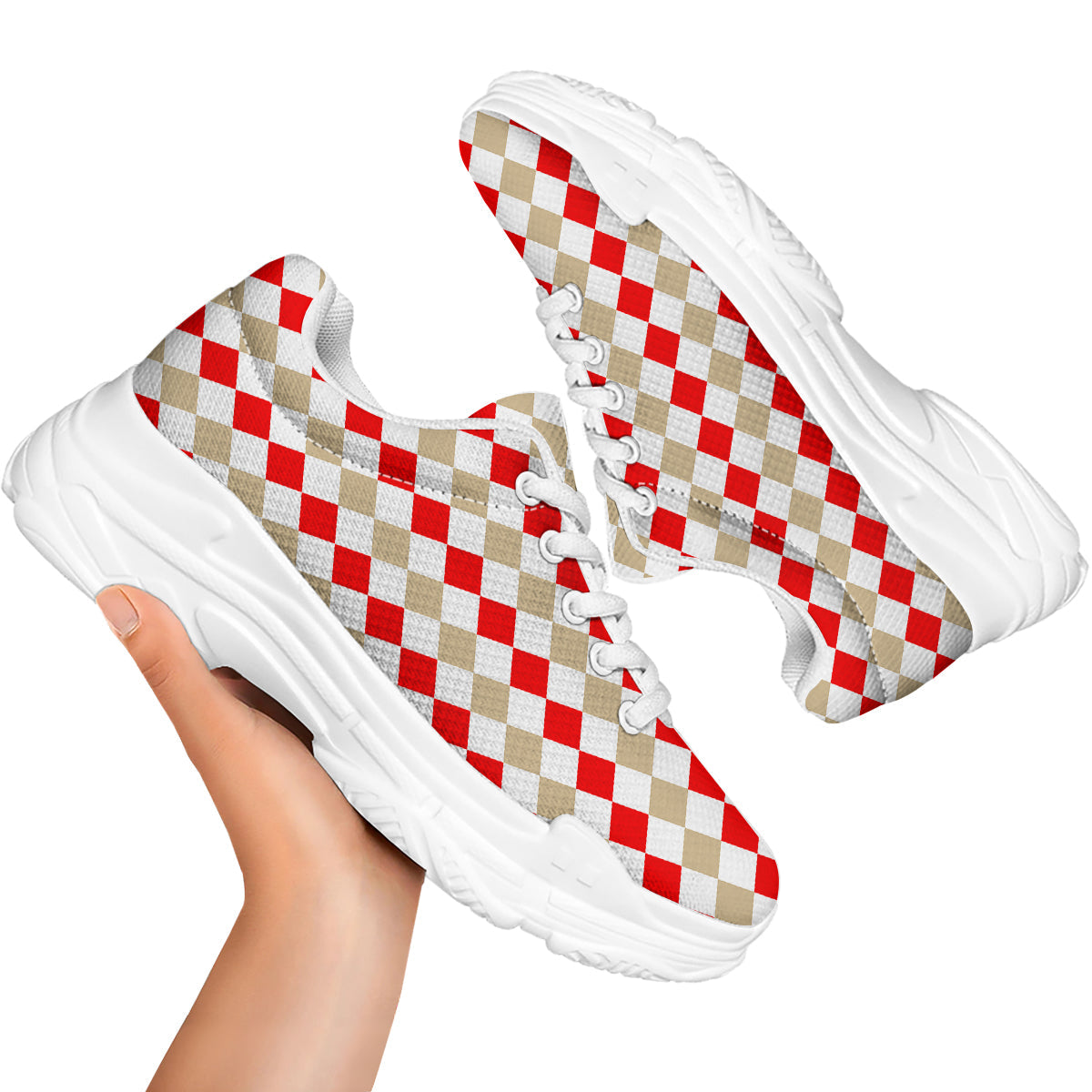 Red Beige And White Argyle Print Pattern White Chunky Shoes-grizzshop