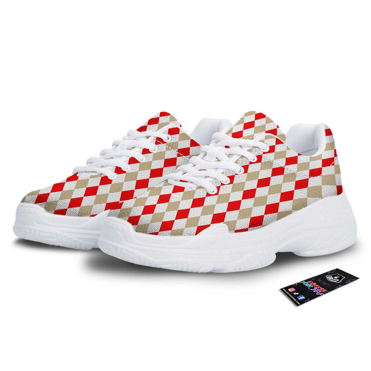 Red Beige And White Argyle Print Pattern White Chunky Shoes-grizzshop