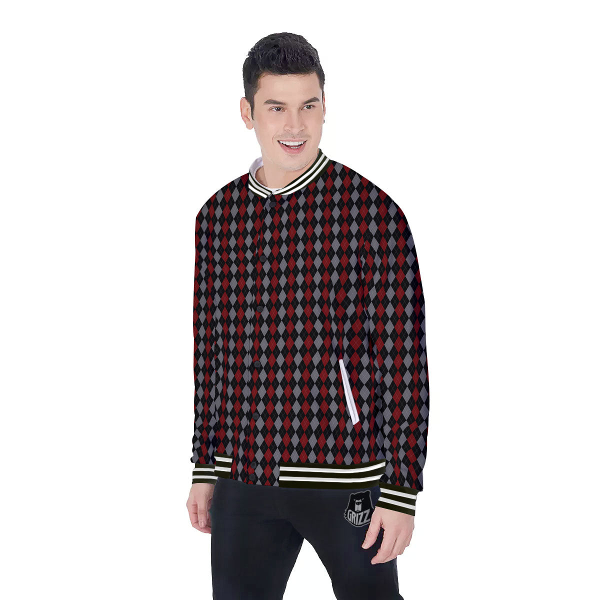 Red Black And Grey Argyle Print Pattern Baseball Jacket-grizzshop