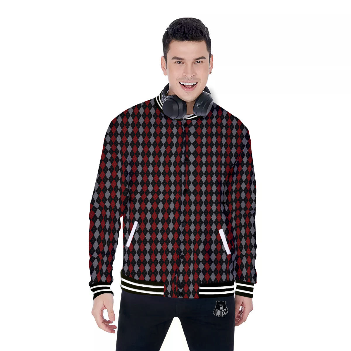 Red Black And Grey Argyle Print Pattern Baseball Jacket-grizzshop