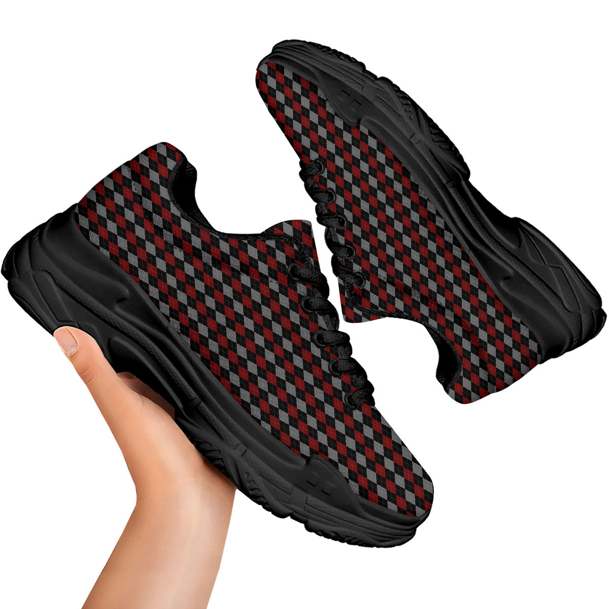 Red Black And Grey Argyle Print Pattern Black Chunky Shoes-grizzshop