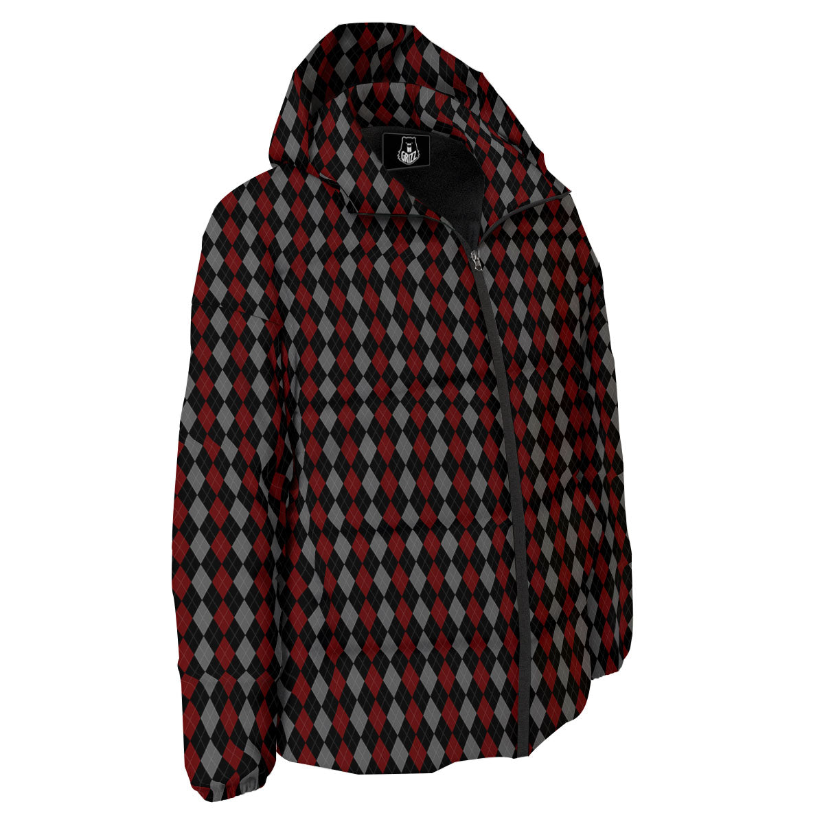 Red Black And Grey Argyle Print Pattern Down Jacket-grizzshop