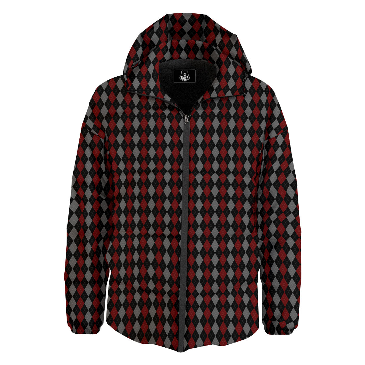 Red Black And Grey Argyle Print Pattern Down Jacket-grizzshop
