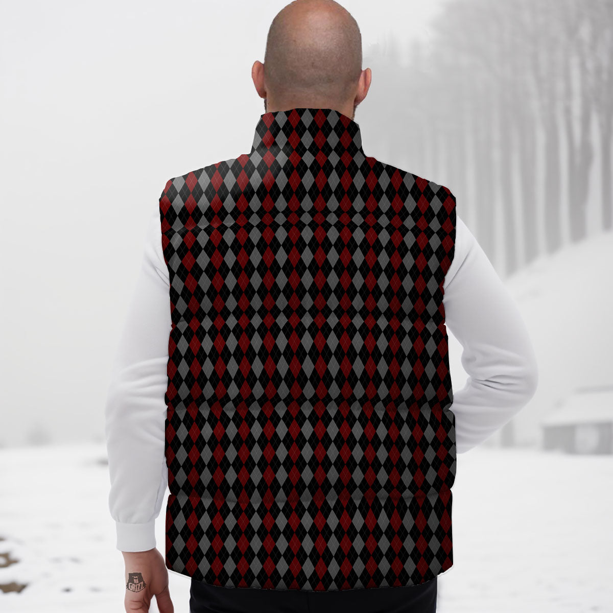 Red Black And Grey Argyle Print Pattern Down Vest-grizzshop