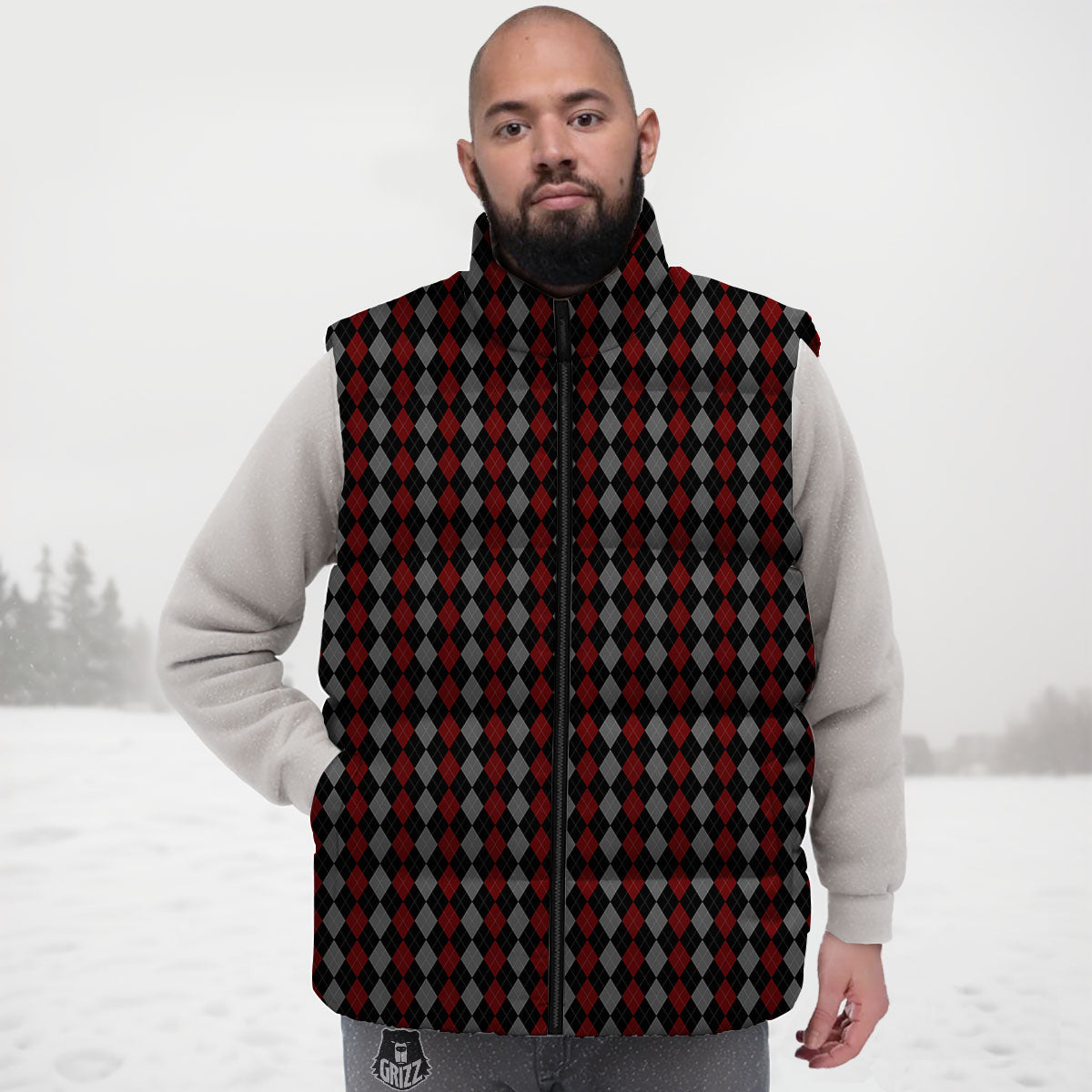 Red Black And Grey Argyle Print Pattern Down Vest-grizzshop