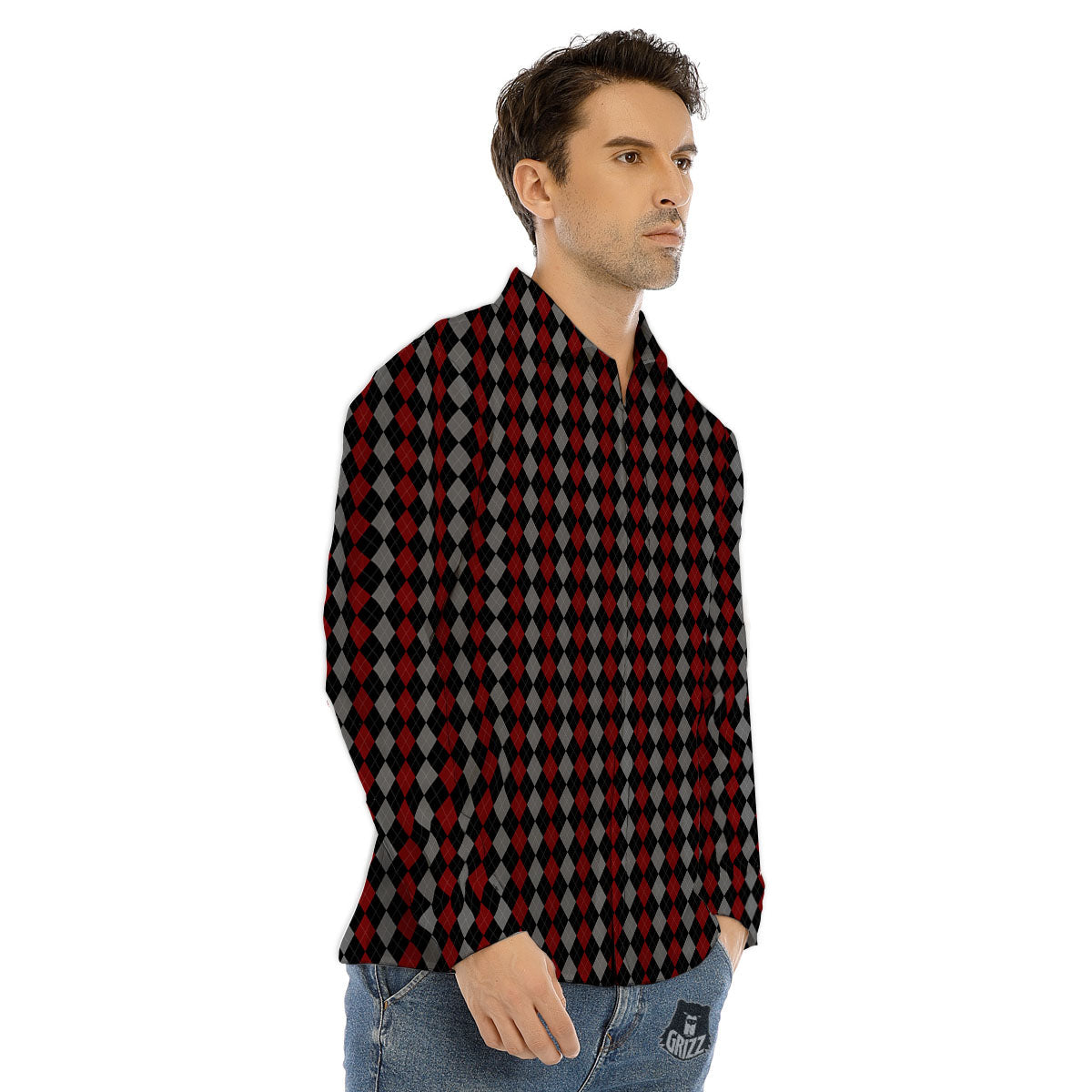 Red Black And Grey Argyle Print Pattern Men's Dress Shirts-grizzshop