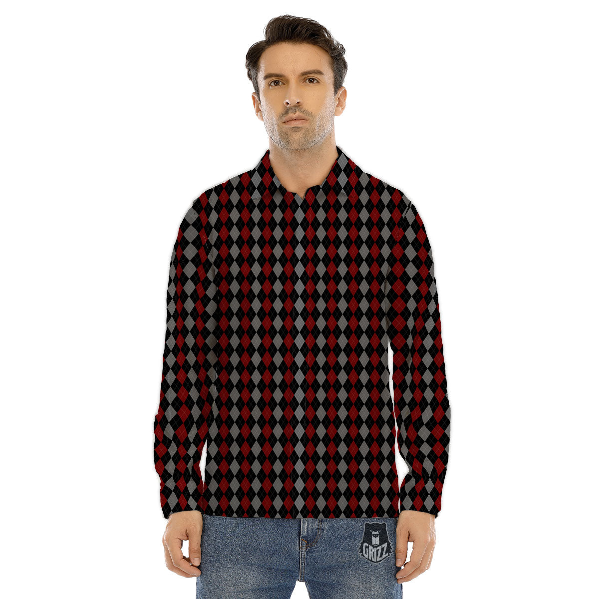 Red Black And Grey Argyle Print Pattern Men's Dress Shirts-grizzshop