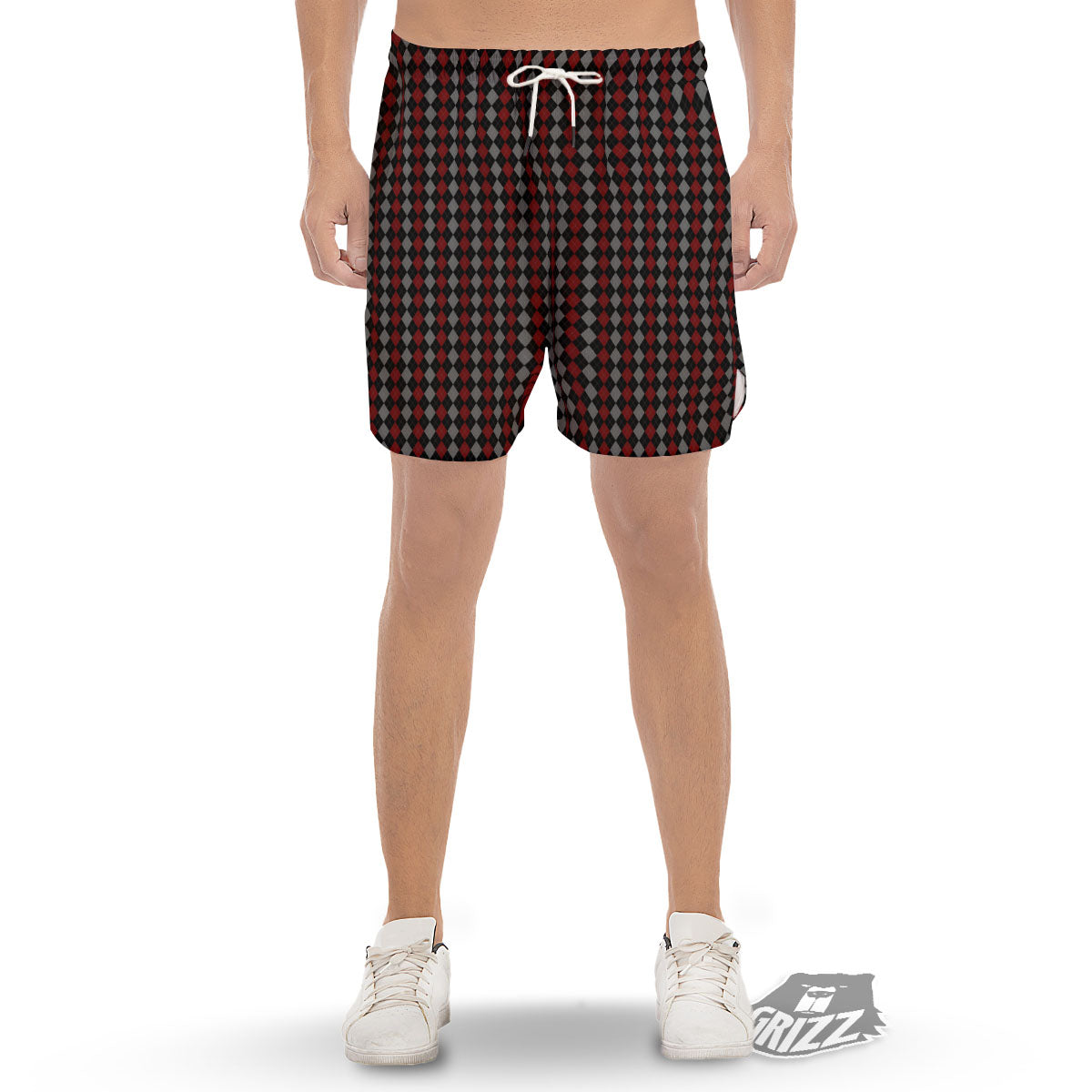 Red Black And Grey Argyle Print Pattern Men's Gym Shorts-grizzshop