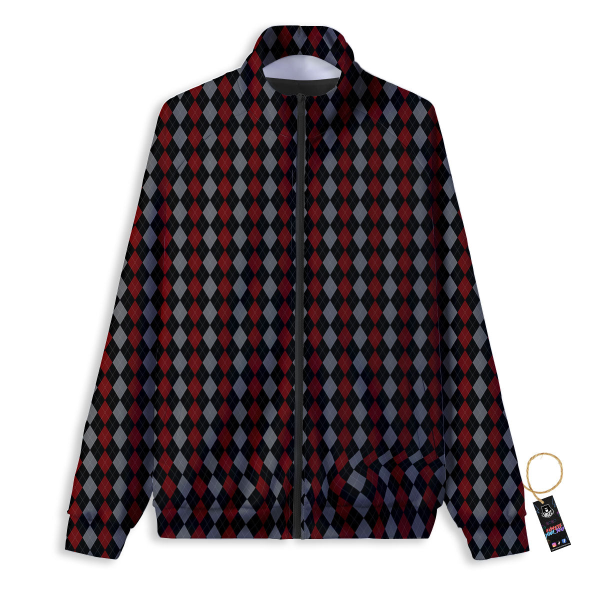 Red Black And Grey Argyle Print Pattern Track Jacket-grizzshop