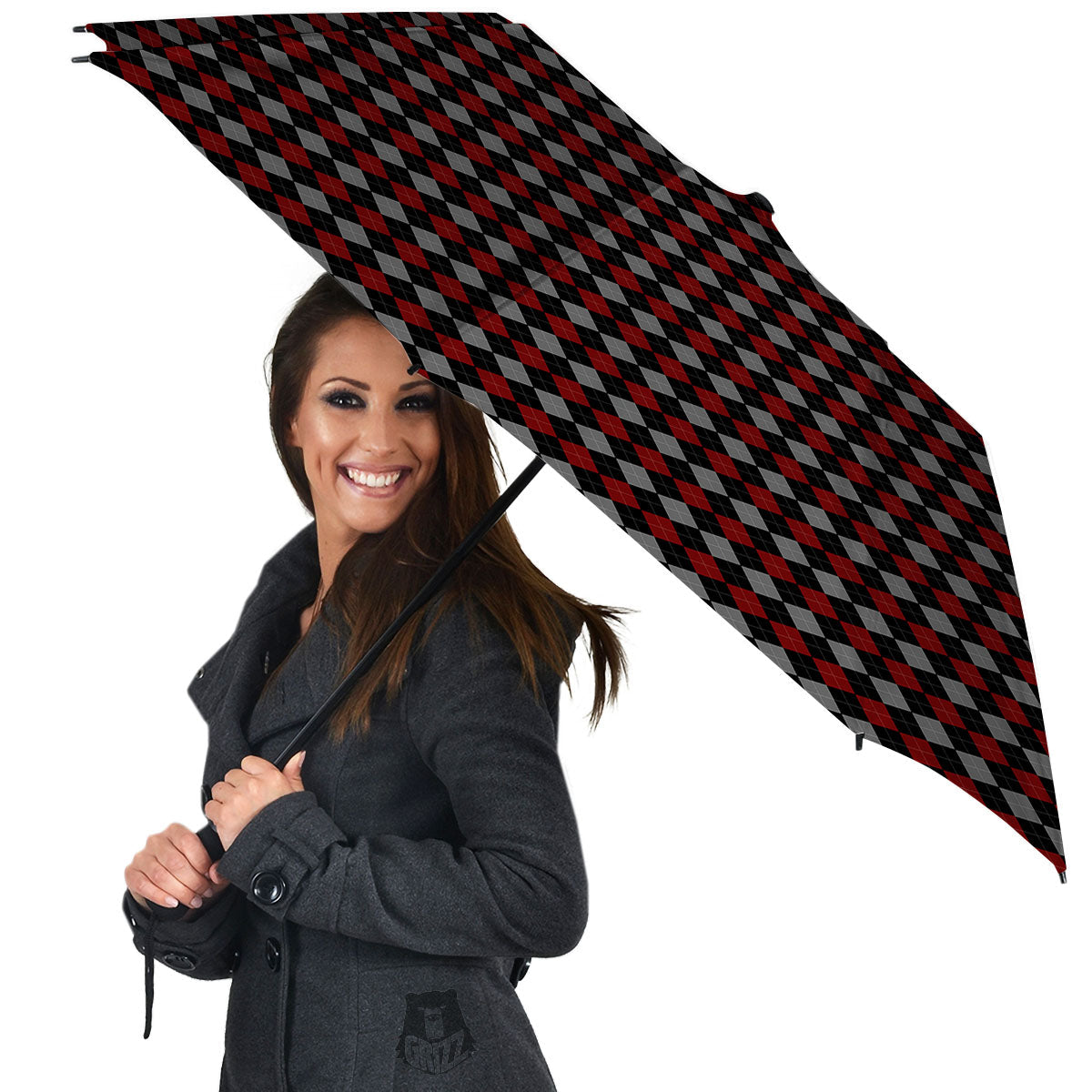 Red Black And Grey Argyle Print Pattern Umbrella-grizzshop