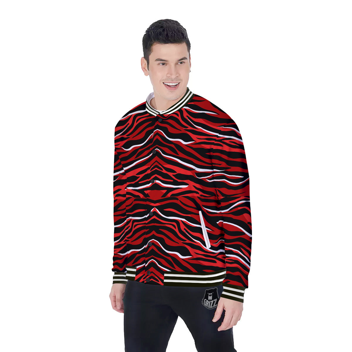 Red Black And White Colored Leopard Print Pattern Baseball Jacket-grizzshop