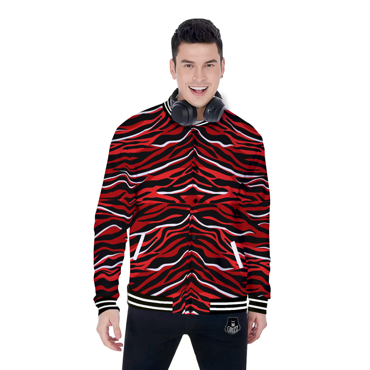 Red Black And White Colored Leopard Print Pattern Baseball Jacket-grizzshop