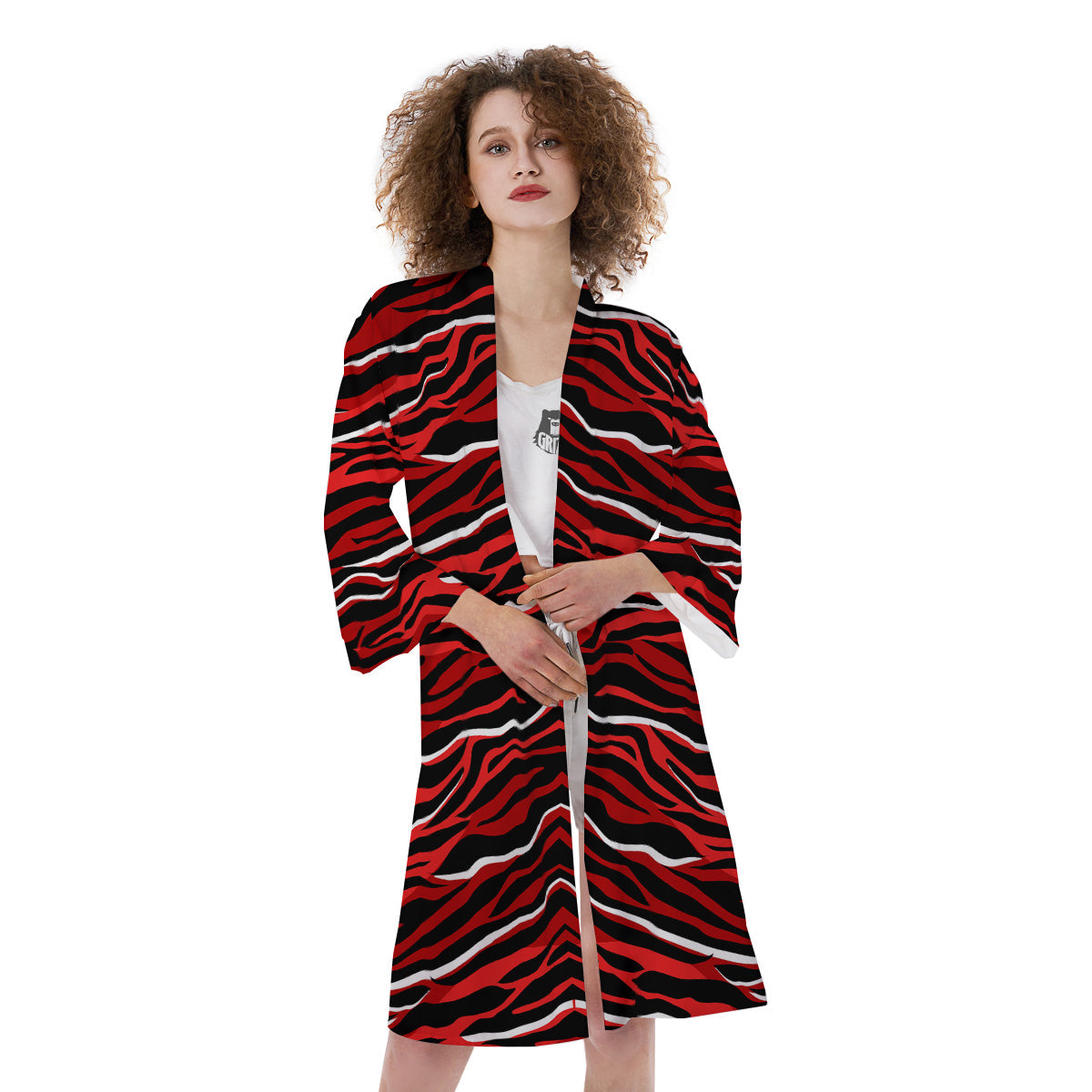 Red Black And White Colored Leopard Print Pattern Kimono-grizzshop