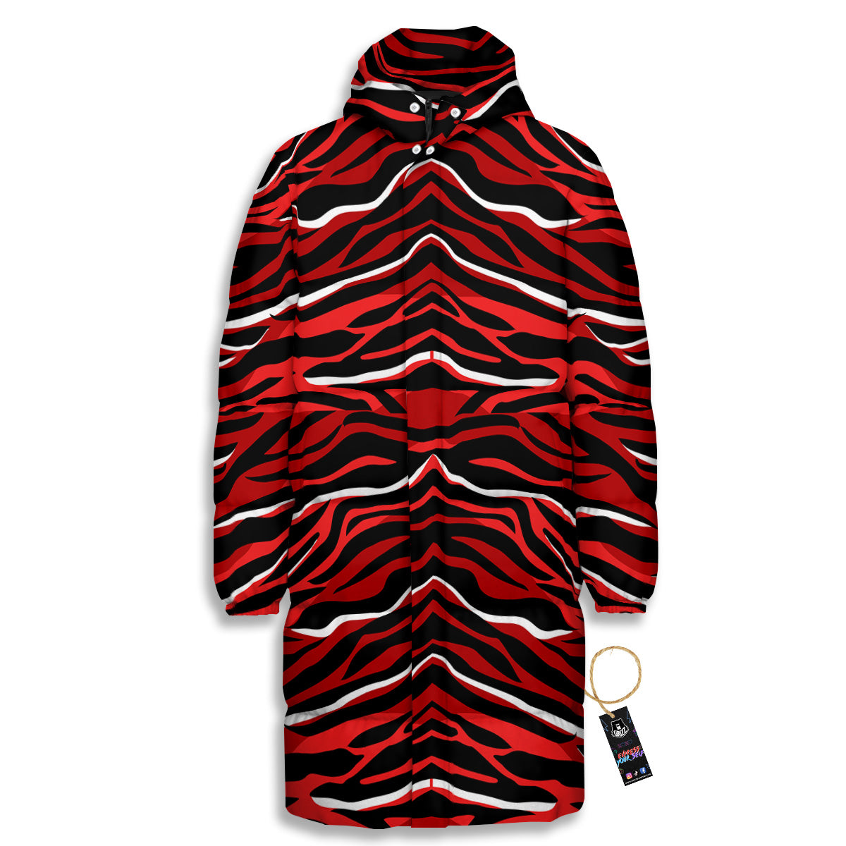 Red Black And White Colored Leopard Print Pattern Long Down Jacket-grizzshop