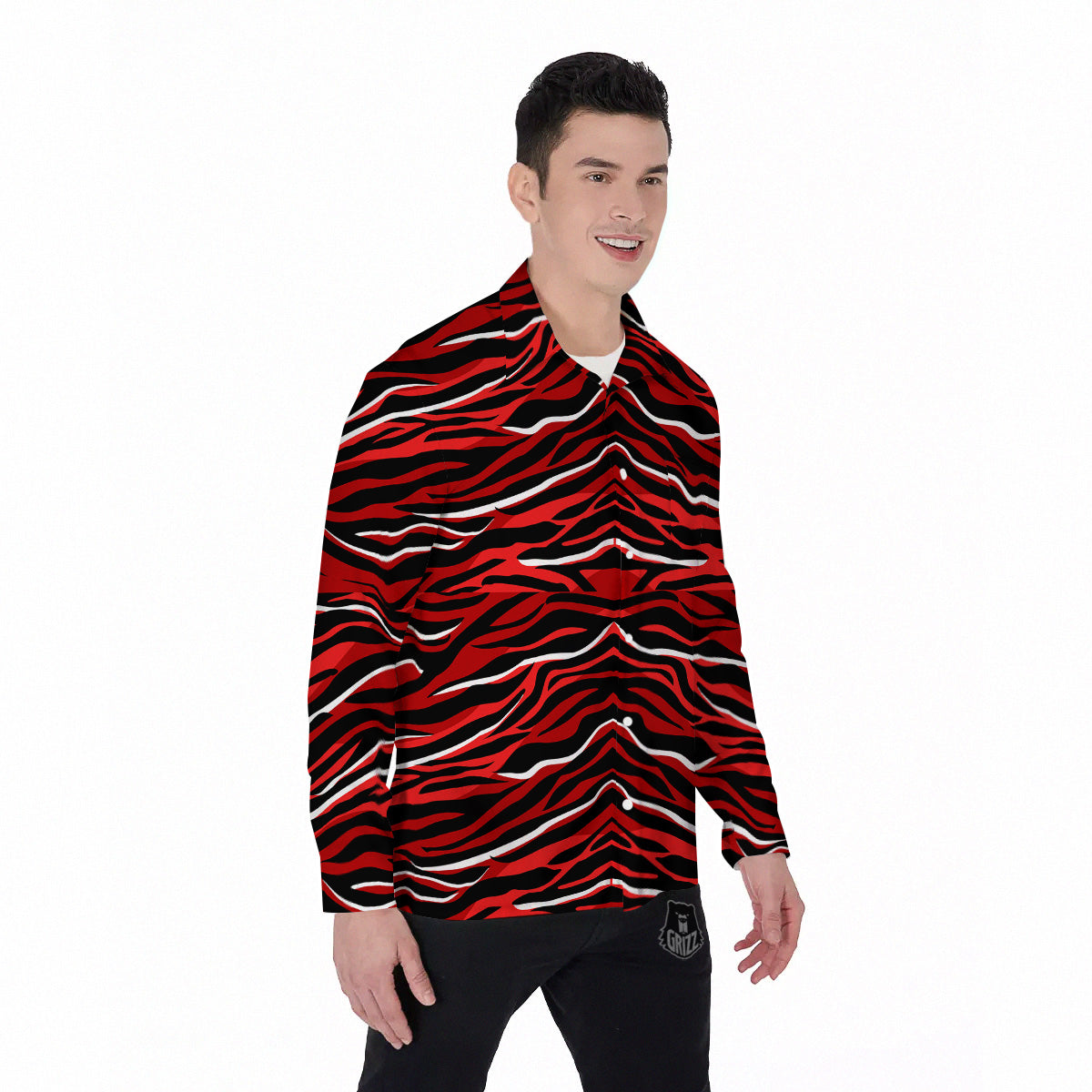 Red Black And White Colored Leopard Print Pattern Men's Long Sleeve Shirts-grizzshop