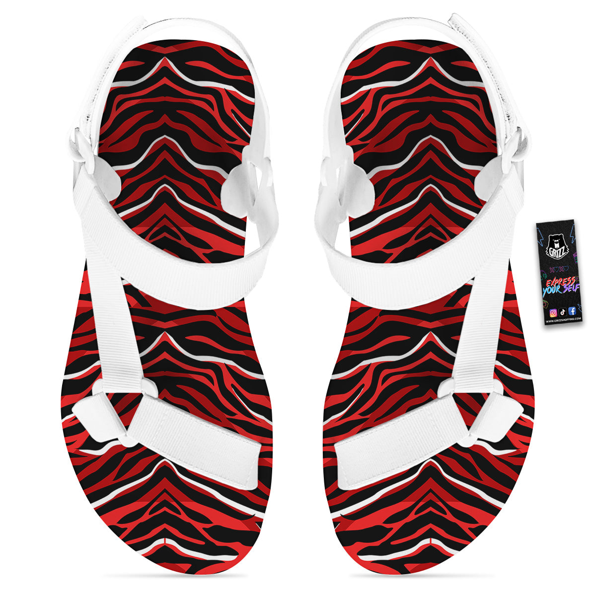 Red Black And White Colored Leopard Print Pattern White Open Toe Sandals-grizzshop