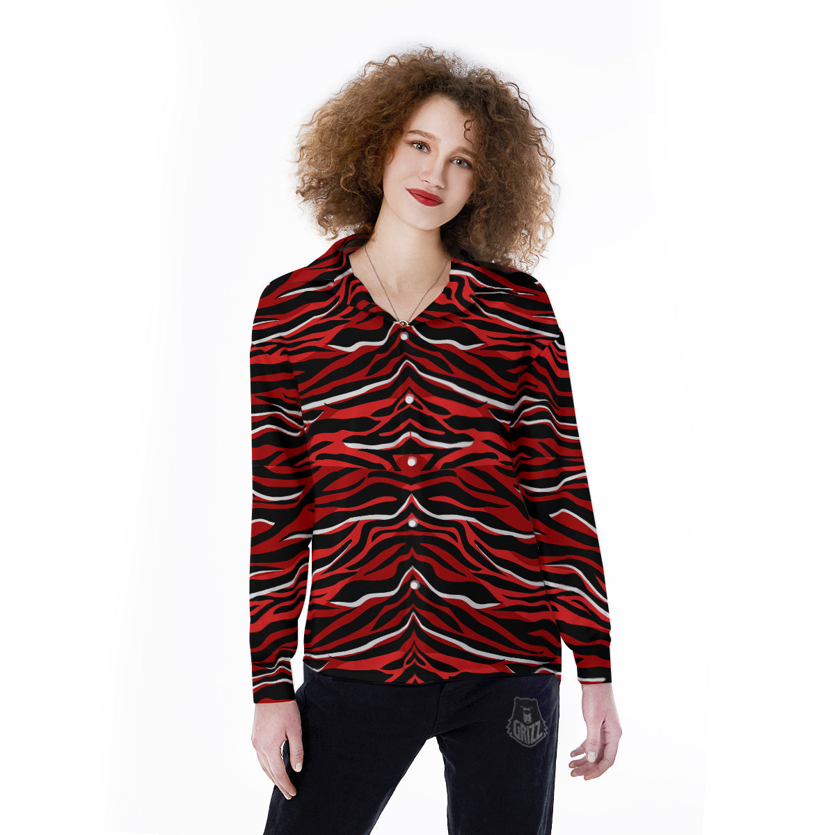 Red Black And White Colored Leopard Print Pattern Women's Long Sleeve Shirts-grizzshop