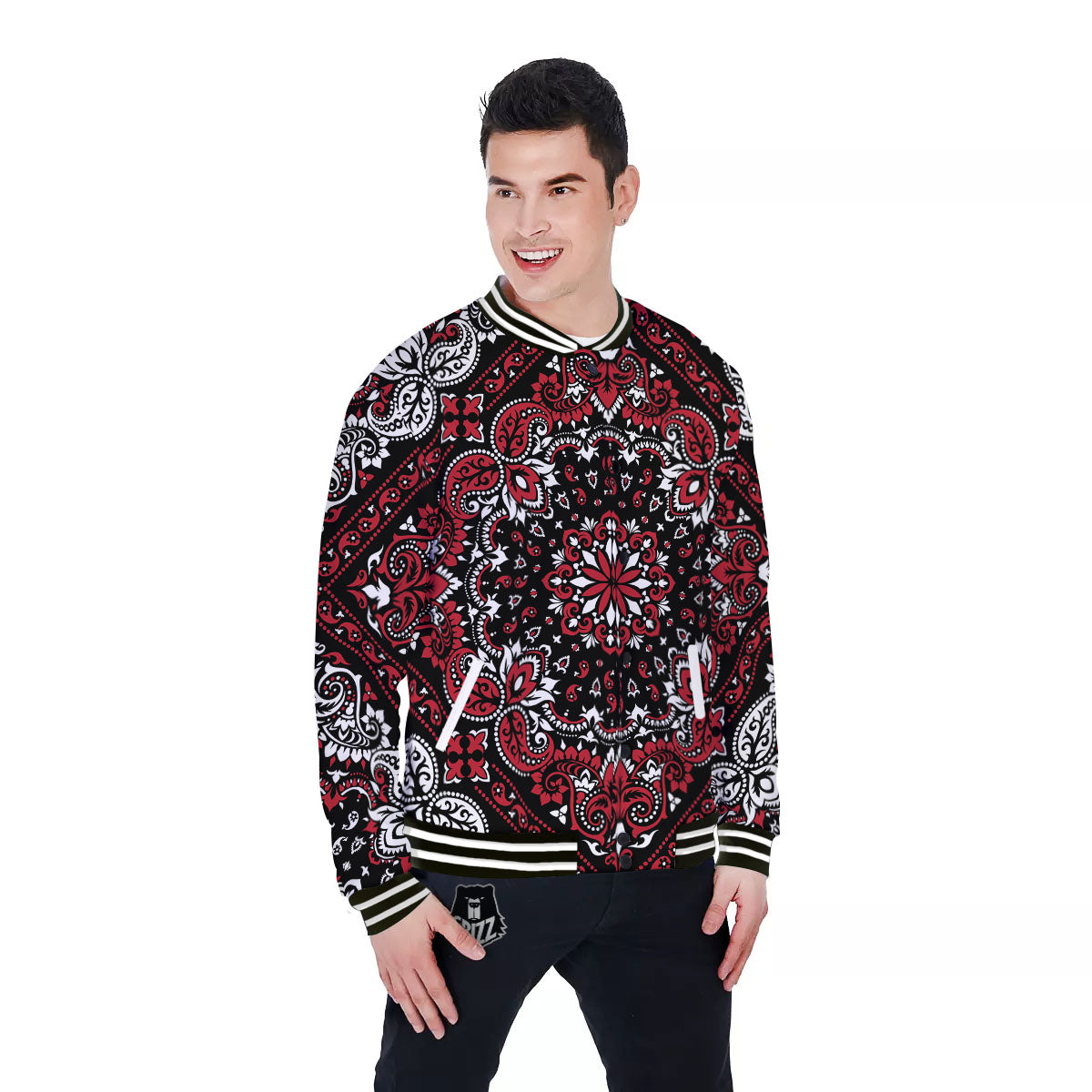 Red Black Bandana Paisley Print Baseball Jacket-grizzshop