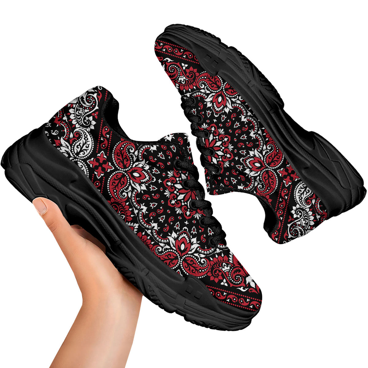 Red Black Bandana Paisley Print Black Chunky Shoes-grizzshop
