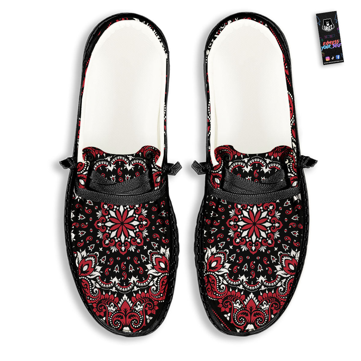 Red Black Bandana Paisley Print Black Loafers-grizzshop