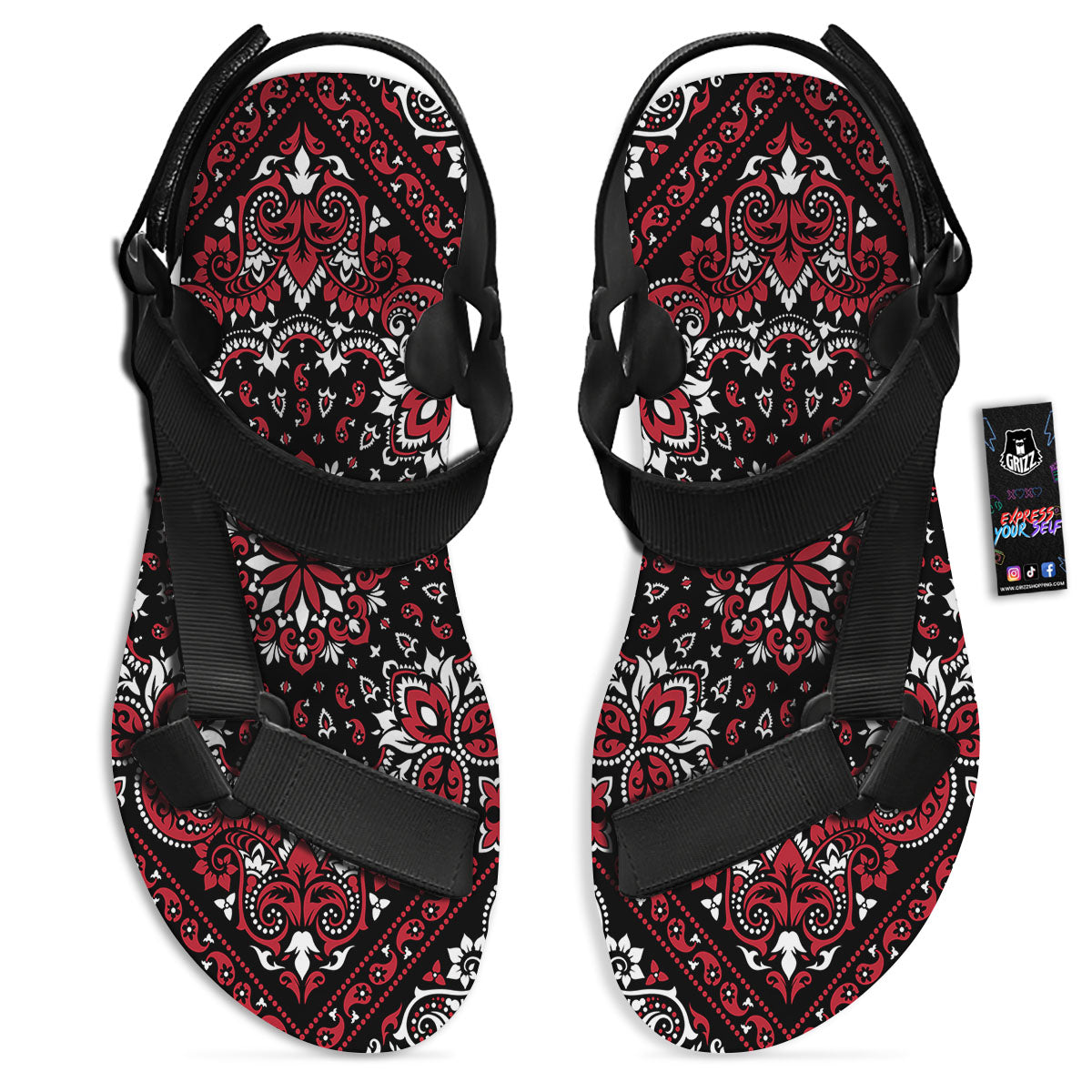 Red Black Bandana Paisley Print Black Open Toe Sandals-grizzshop