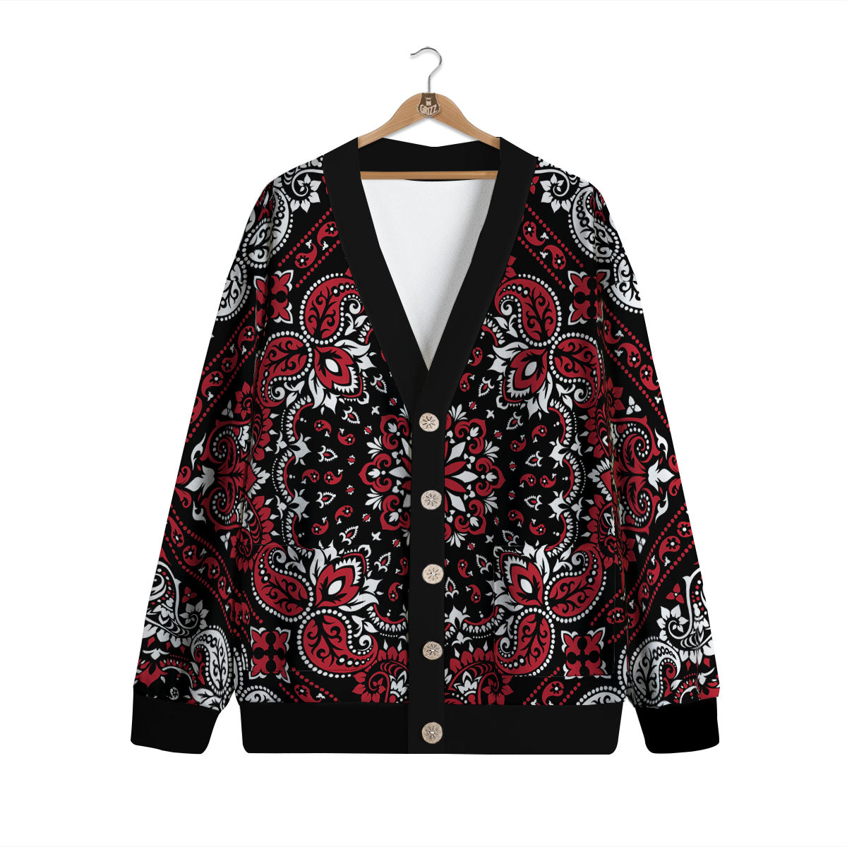 Red Black Bandana Paisley Print Cardigan-grizzshop