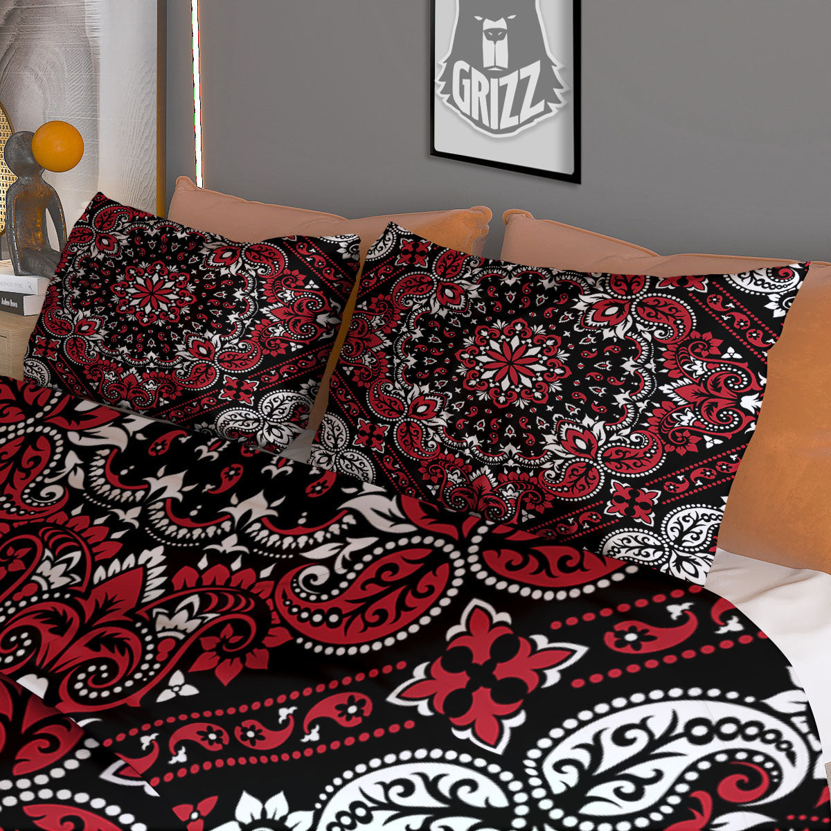 Red Black Bandana Paisley Print Duvet Cover Bedding Set