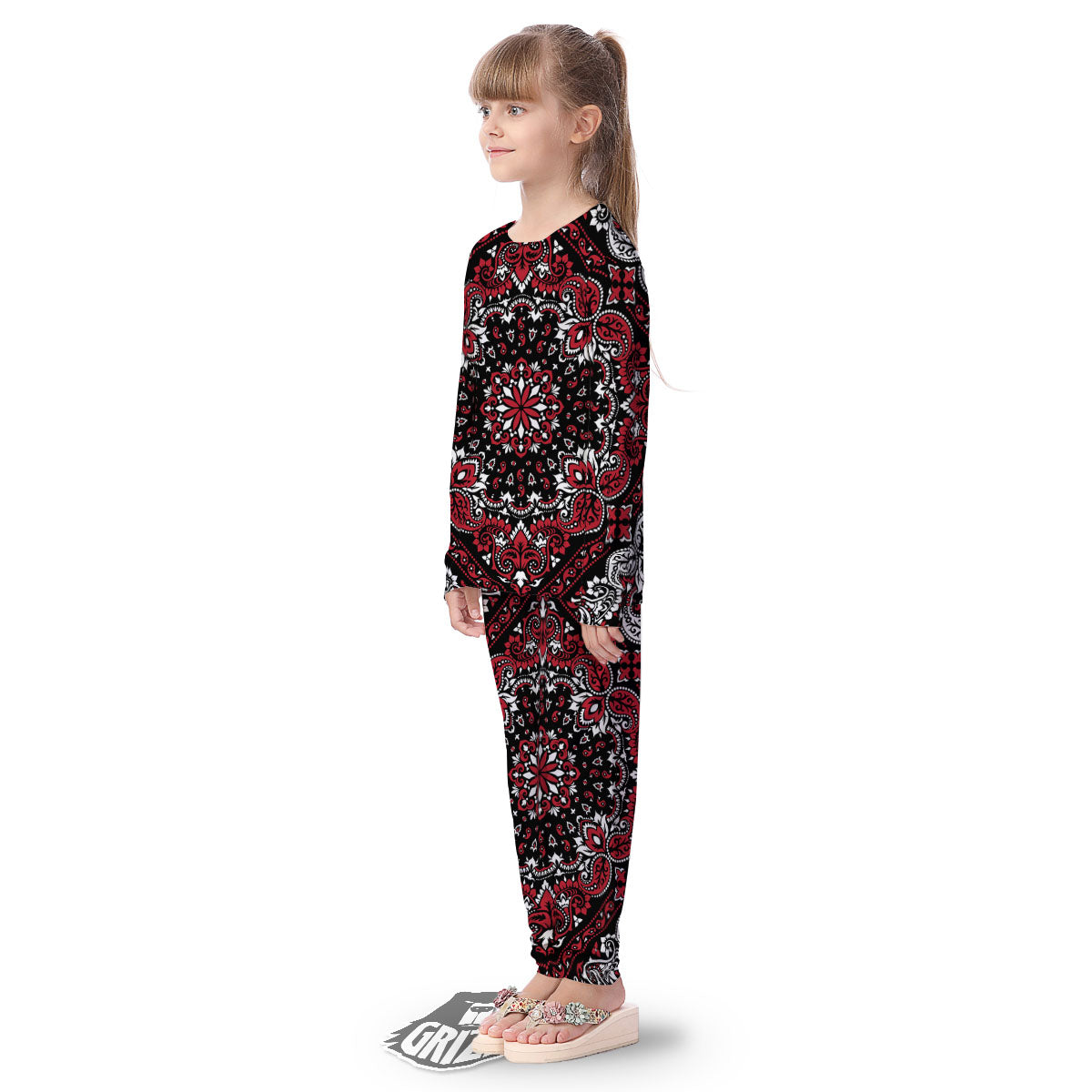 Red Black Bandana Paisley Print Kid's Pajamas-grizzshop