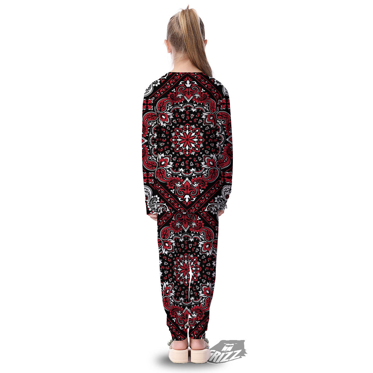 Red Black Bandana Paisley Print Kid's Pajamas-grizzshop