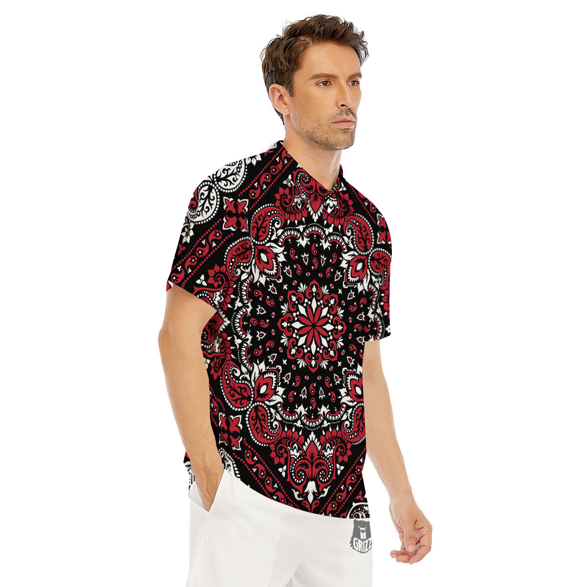 Red Black Bandana Paisley Print Men's Golf Shirts-grizzshop