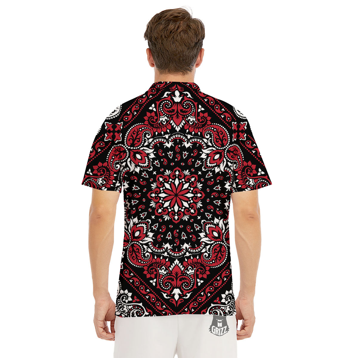 Red Black Bandana Paisley Print Men's Golf Shirts-grizzshop