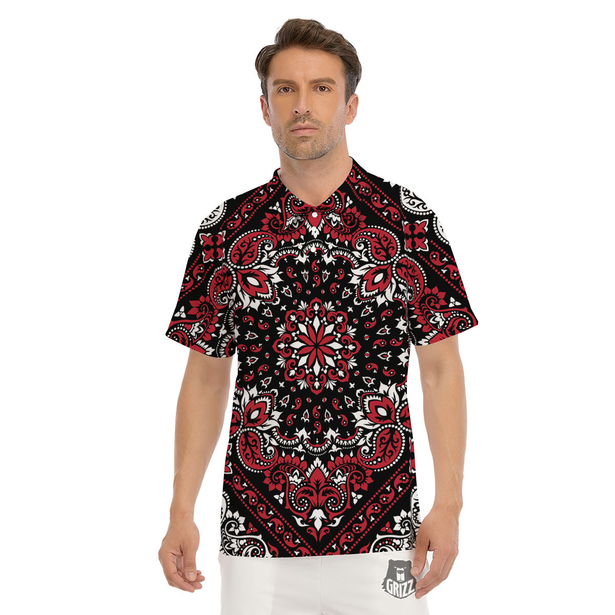 Red Black Bandana Paisley Print Men's Golf Shirts-grizzshop