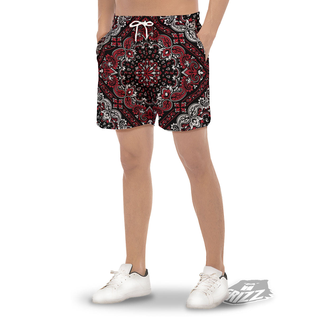 Red Black Bandana Paisley Print Men's Gym Shorts-grizzshop
