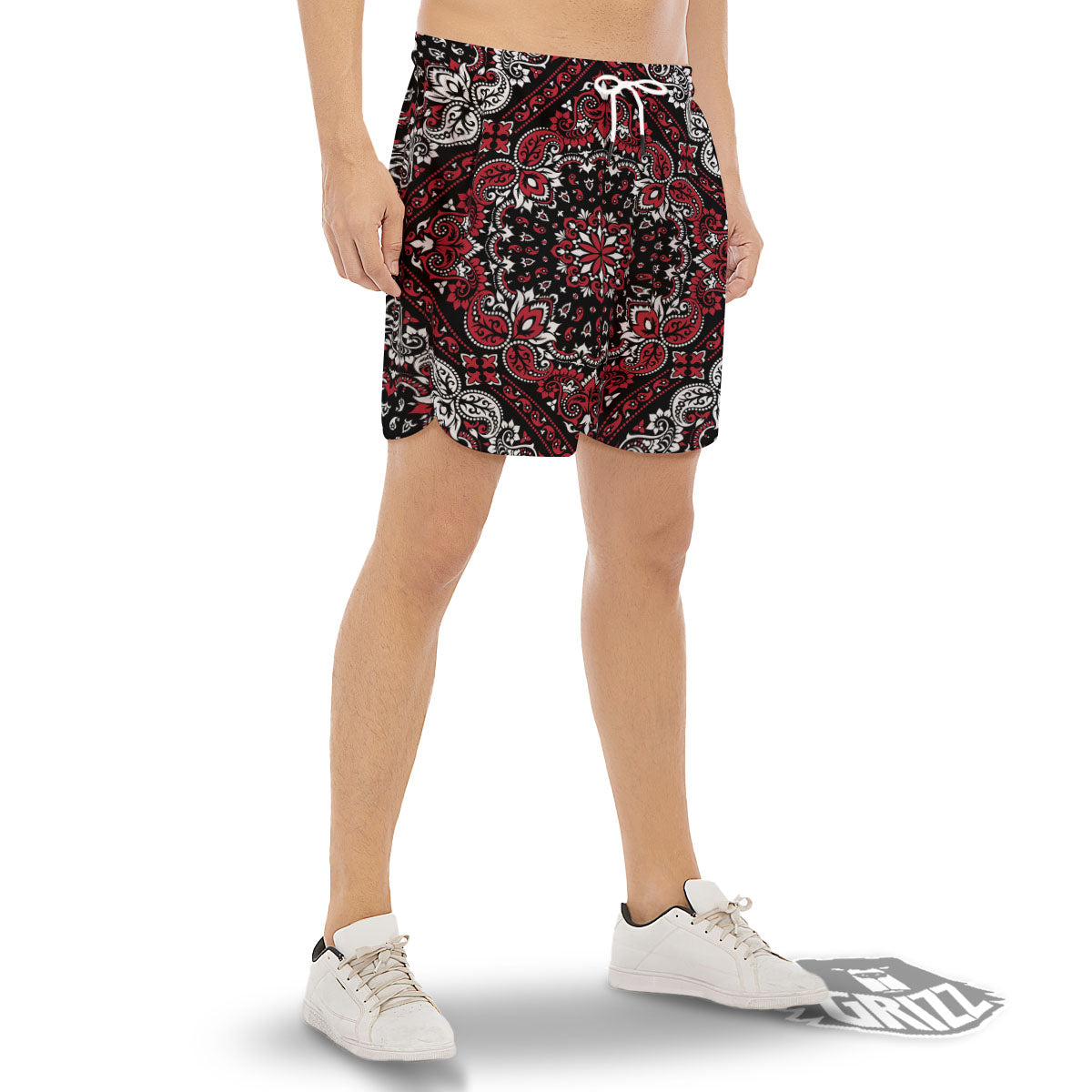 Red Black Bandana Paisley Print Men's Gym Shorts-grizzshop