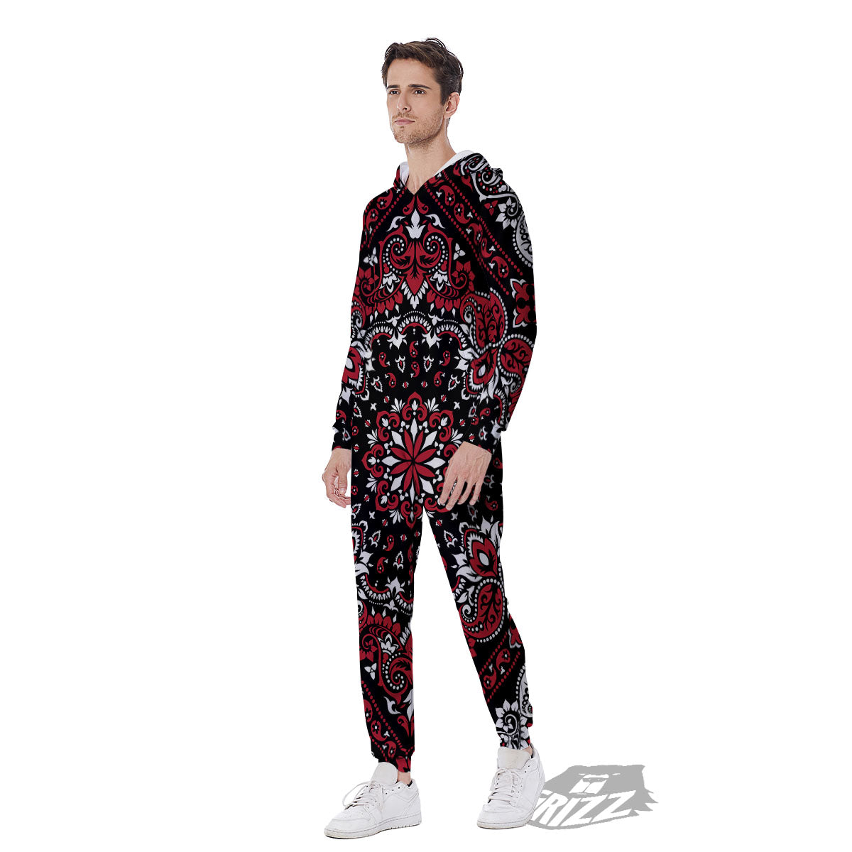 Red Black Bandana Paisley Print Men's Jumpsuit-grizzshop