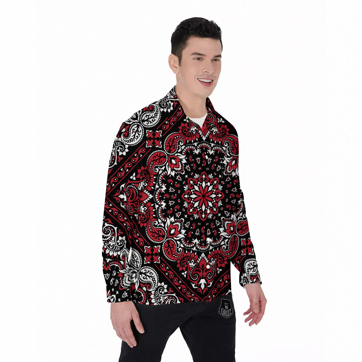 Red Black Bandana Paisley Print Men's Long Sleeve Shirts-grizzshop