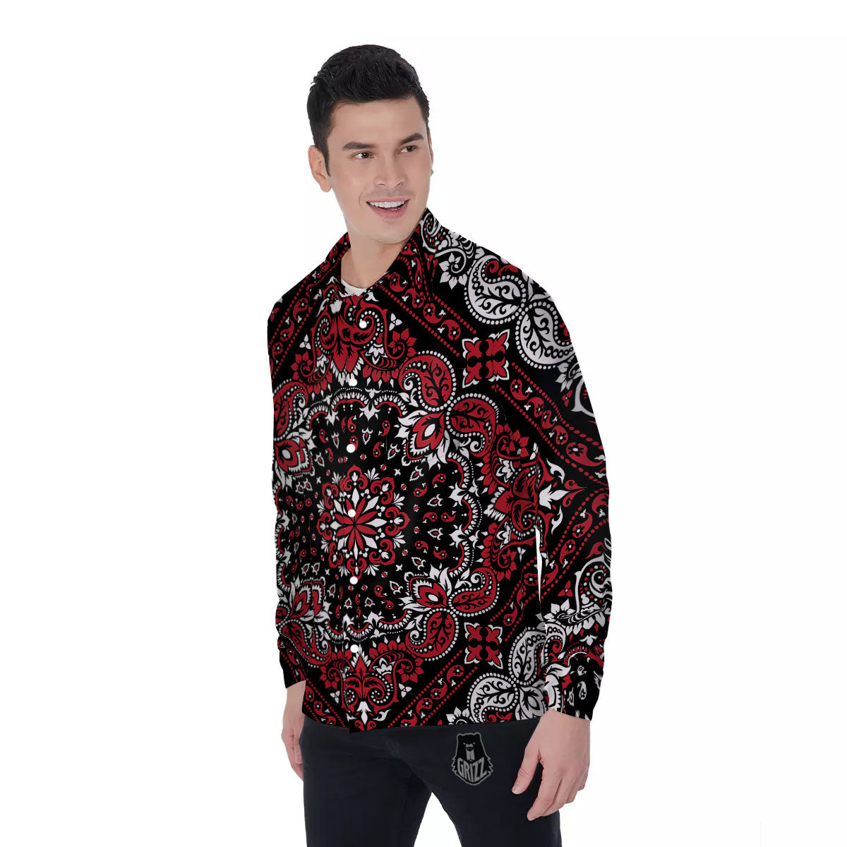 Red Black Bandana Paisley Print Men's Long Sleeve Shirts-grizzshop