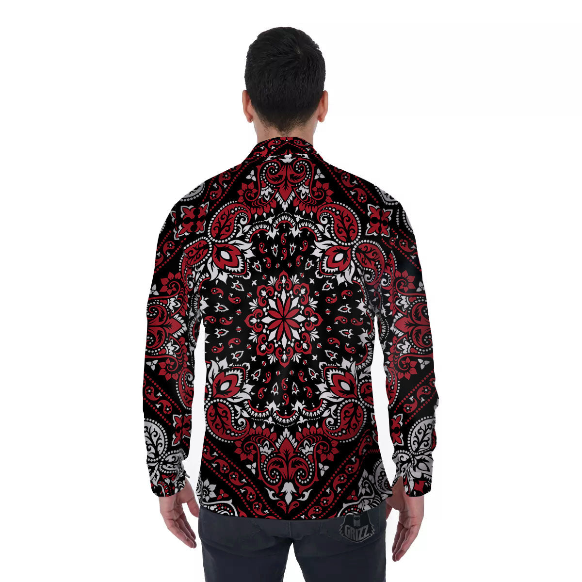 Red Black Bandana Paisley Print Men's Long Sleeve Shirts-grizzshop